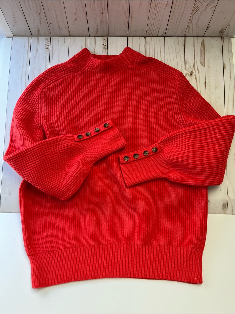 Ann Taylor Red Ribbed Mock Neck Sweater with Button Cuffs